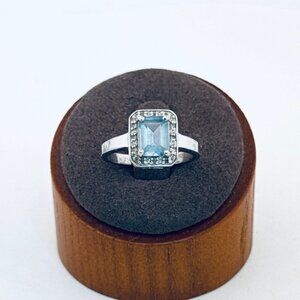 925 Sterling Silver Blue Stone Halo Ring Size 7 Vintage Estate Jewelry